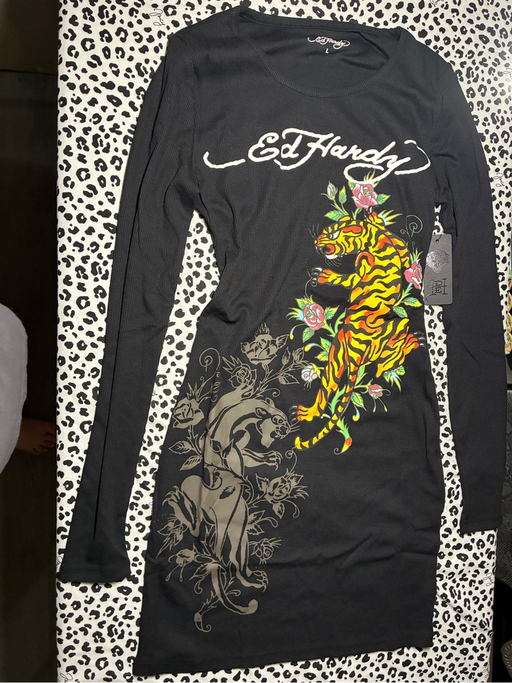 Ed Hardy Black Long-Sleeve Tiger Graphic Bodycon Dress